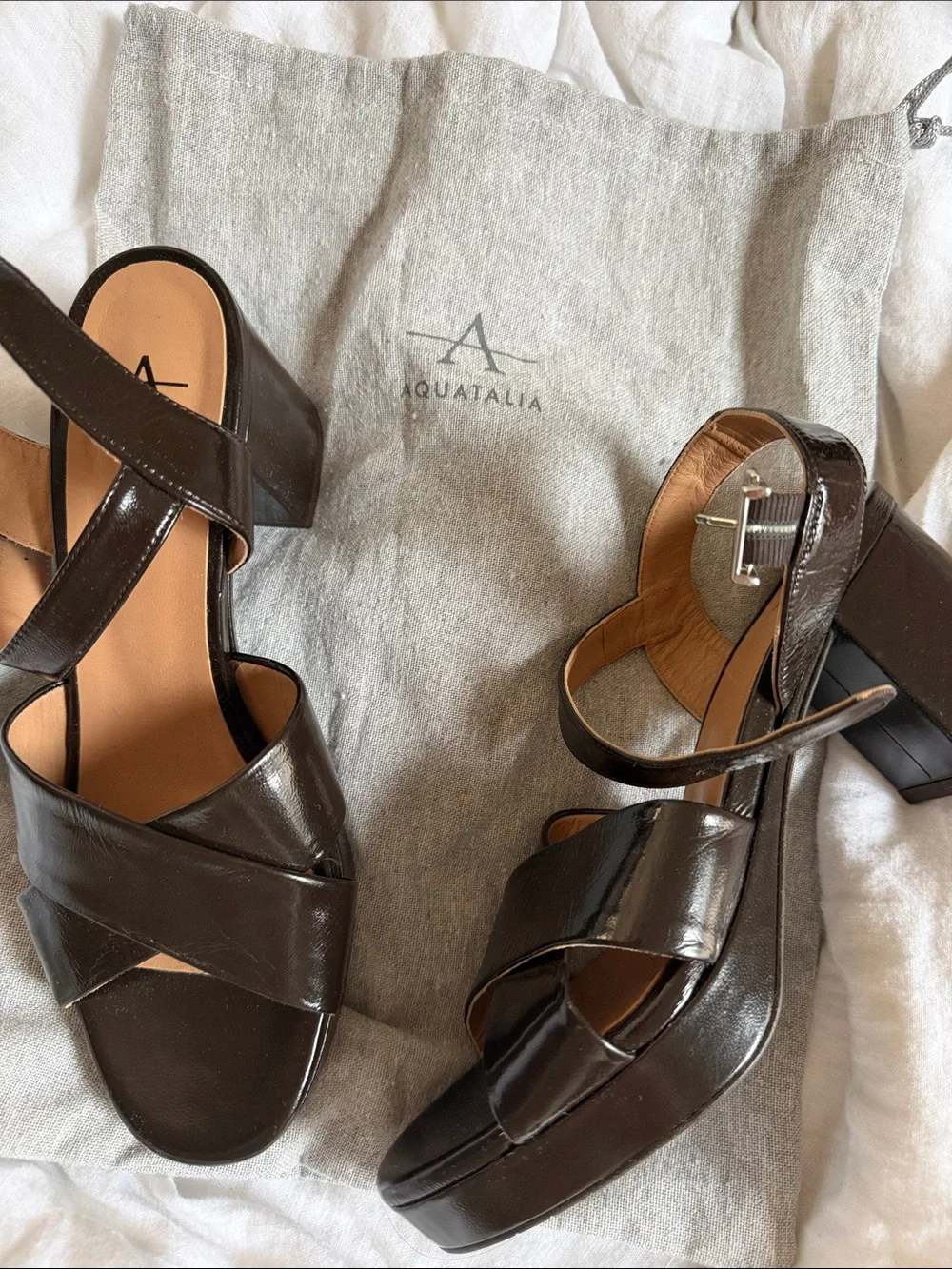 Aquatalia Dark Brown Patent Leather Platform Sandals Size 9